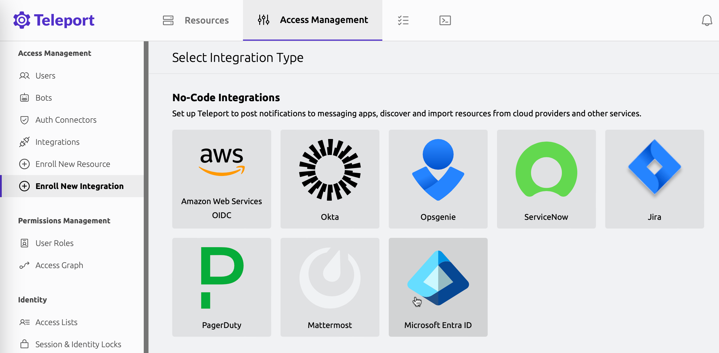 Integration selection screen