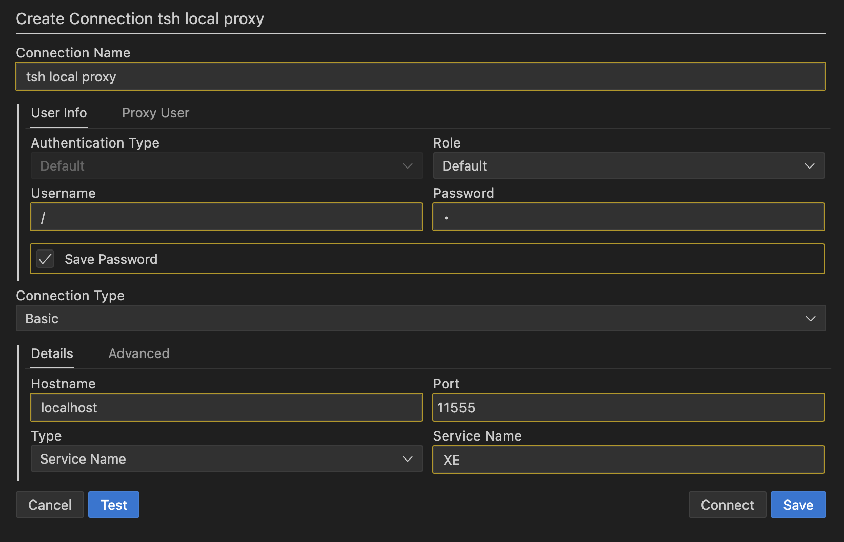 SQL Developer (VS Code) Connection Details (basic)