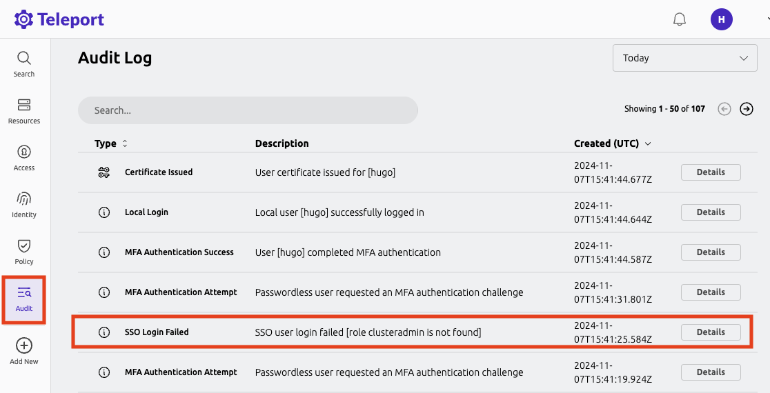 Audit Log Entry for SSO Login error